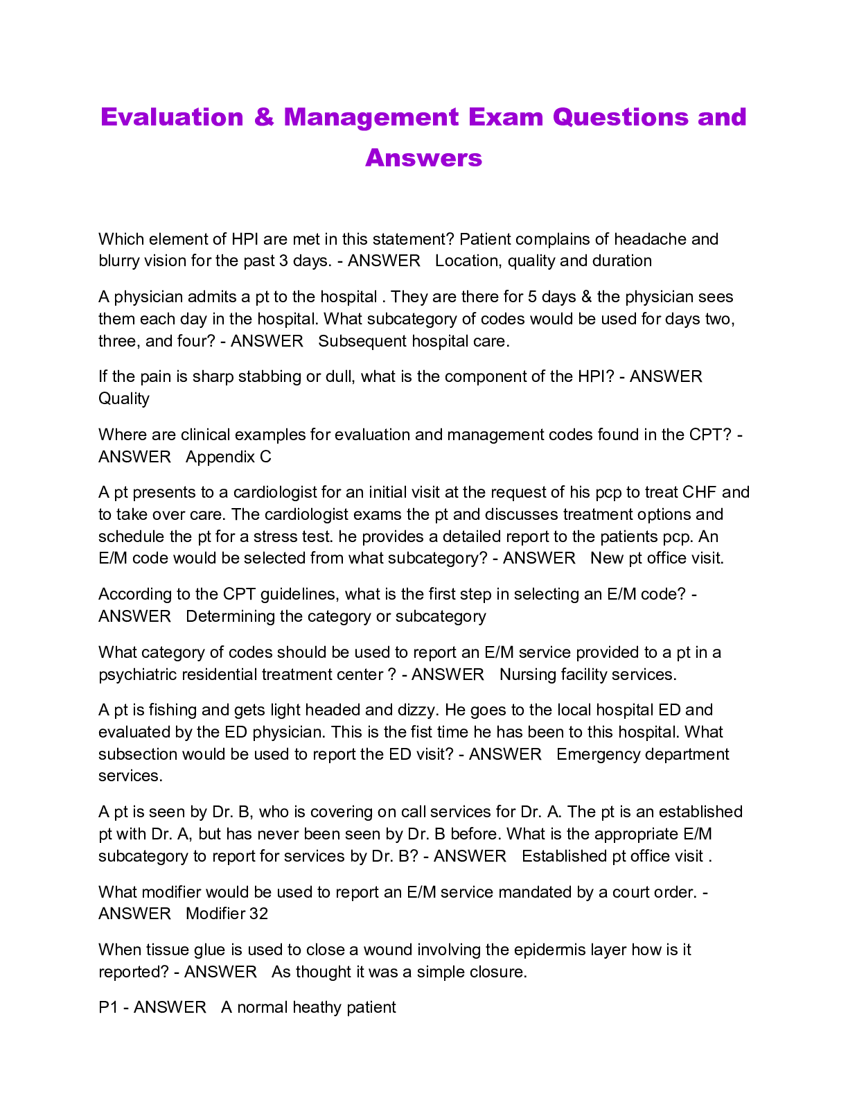 Evaluation & Management Exam Questions and Answers Browsegrades